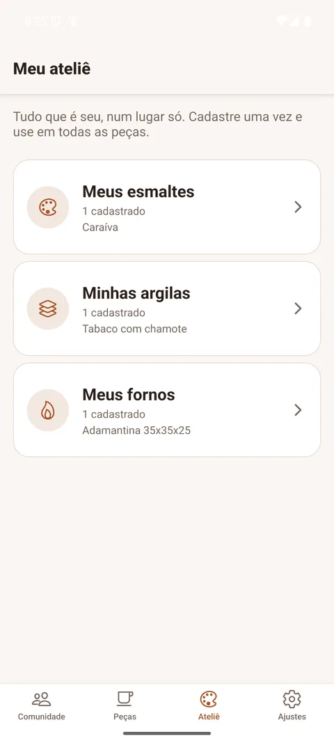 Ateliê com esmaltes, argilas e fornos