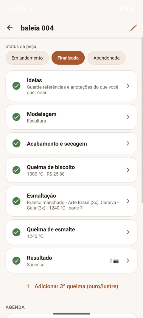 Timeline de uma peça no Clay Log, com etapas concluídas